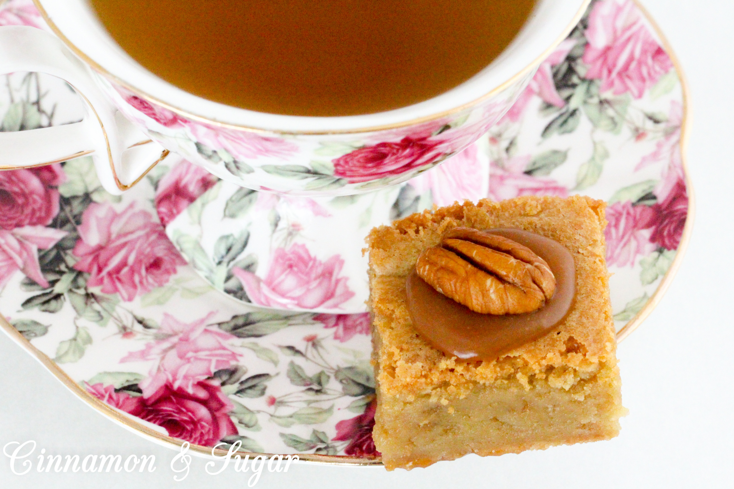 Caramel Blondies have a luscious layer of homemade salted caramel sauce and a generous sprinkle of chopped pecans between rich, buttery blondies. Recipe shared with permission granted by Daryl Wood Gerber, author of A SPRINKLING OF MURDER.