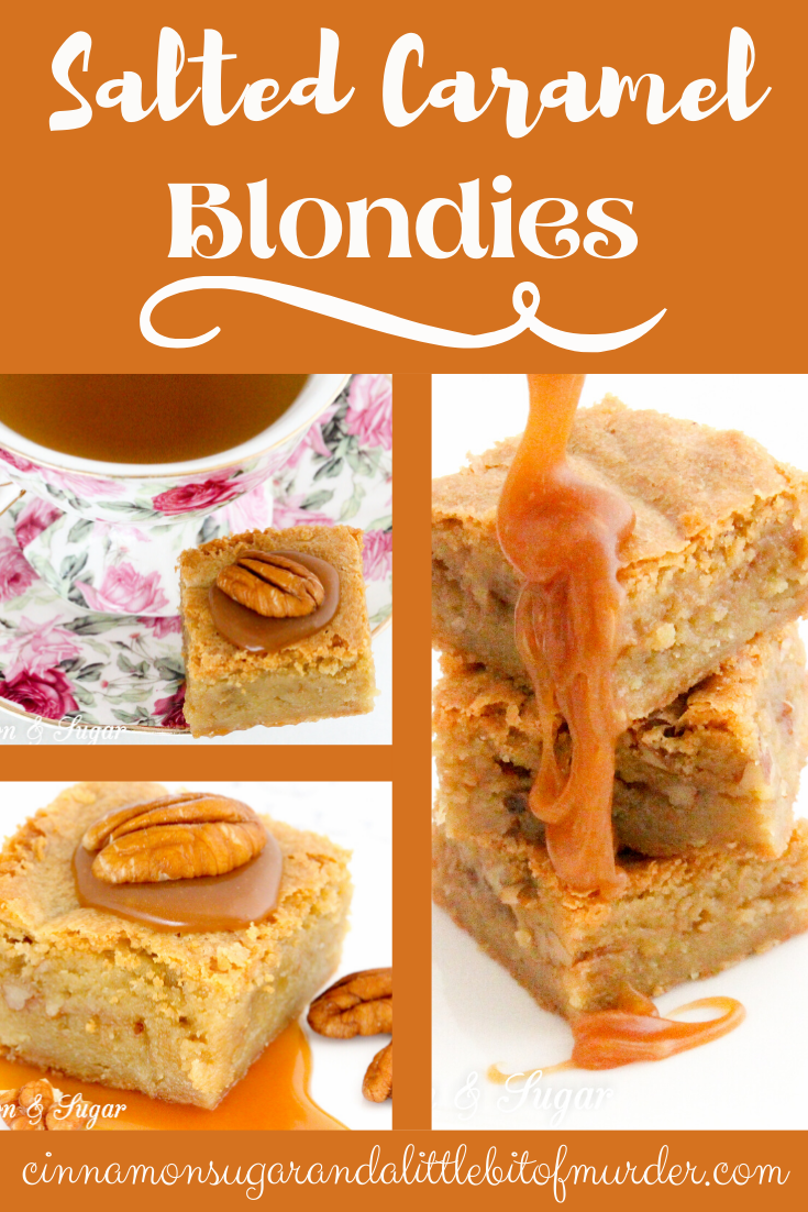 Caramel Blondies have a luscious layer of homemade salted caramel sauce and a generous sprinkle of chopped pecans between rich, buttery blondies. Recipe shared with permission granted by Daryl Wood Gerber, author of A SPRINKLING OF MURDER.