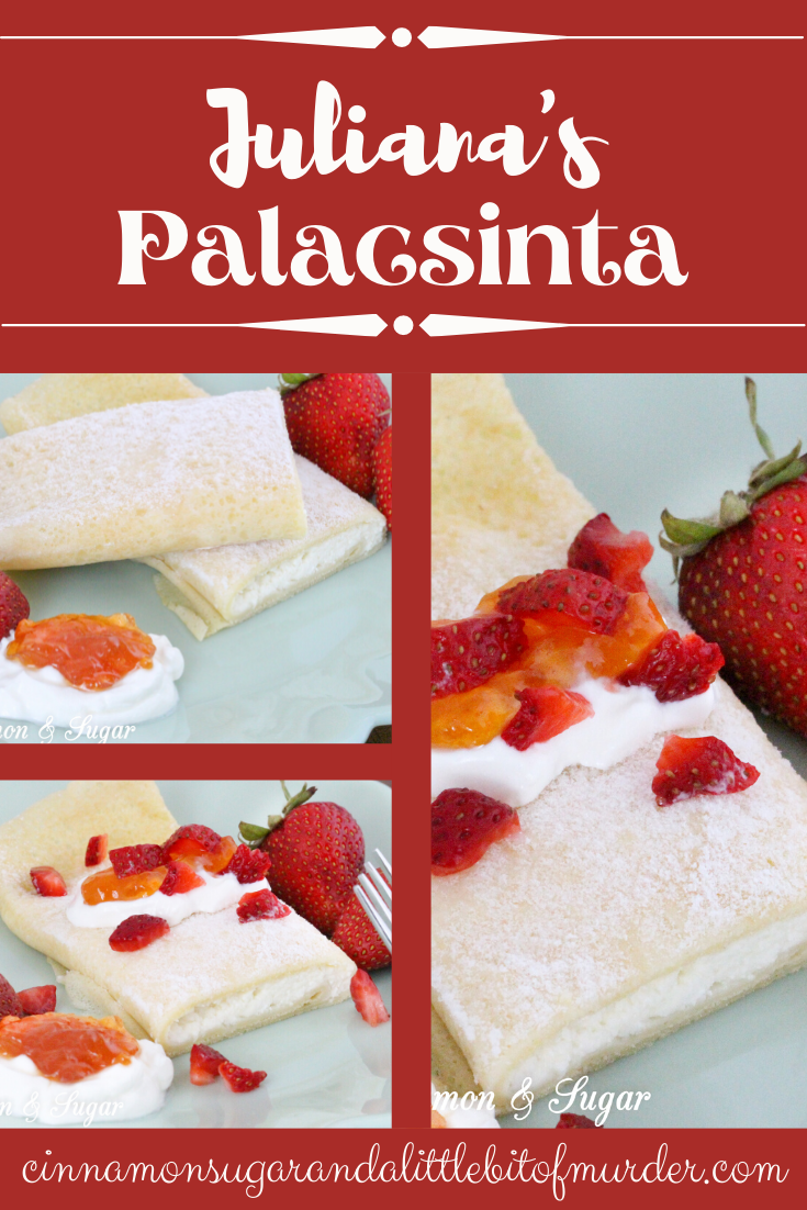 A traditional Hungarian dish, Juliana’s Palacsinta are sweet cheese-filled crepes and baked with a light sprinkle of powdered sugar after filling. Garnish with sour cream, fresh strawberries, and jam for a delicious brunch or a breakfast-themed dinner. Recipe shared with permission granted by Julia Buckley, author of DEATH OF A WANDERING WOLF. 