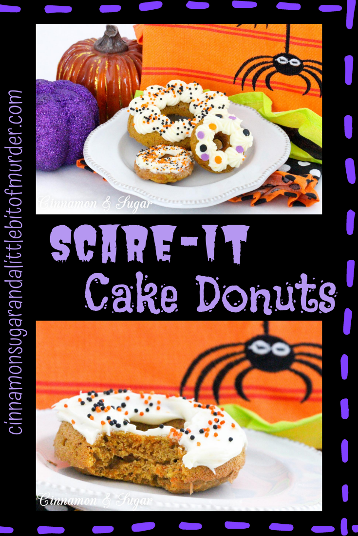 Scare-It Cake Donuts are a riff on Carrot Cake! Filled with warm, autumn spices and a generous portion of grated carrots to keep them extra moist, these donuts are a treat for all gouls and goblins! Recipe shared with permission granted by Ginger Bolton, author of BOSTON SCREAM MURDER. 