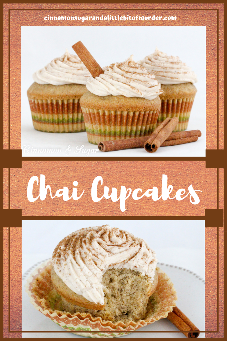 Chai Cupcakes are tender and flavorful thanks to a generous portion of chai spice blend and the tangy taste of cream cheese and chai spice frosting. Recipe from cozy mystery, CAKE POPPED OFF by Kim Davis.