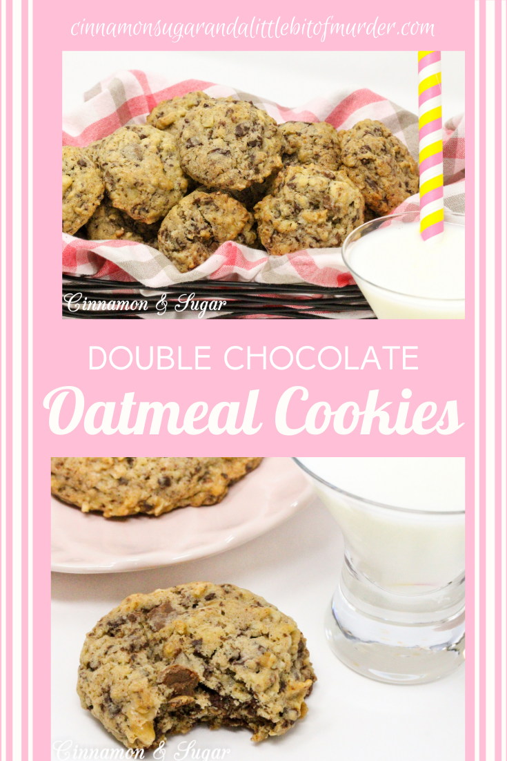 Hearty Double Chocolate Oatmeal Cookies are loaded with chocolate galore along with a substantial amount of oatmeal and walnuts. This recipe makes a HUGE batch of cookies, perfect to share with family, friends, and neighbors! Recipe shared with permission granted by Debra Sennefelder, author of THE CORPSE WHO KNEW TOO MUCH.