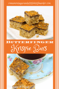 A delicious riff on Rice Krispie Treats, Butterfinger Krispie Bars combines the flavors of the iconic candy bar: chocolate, butterscotch, and peanut butter! Recipe created by Cinnamon & Sugar for Deborah Garner, author of cozy mystery, A FLAIR FOR GOBLINS.