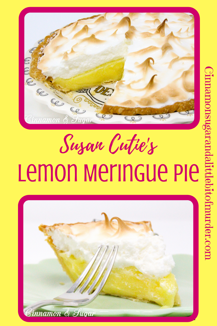 Lemony sweet-tart custard filling piled high with billowing cloud-like meringue, Susan Cutie's Lemon Meringue Pie is a refreshing dessert! Recipe shared with permission granted by Tina Kashian, author of MISTLETOE, MOUSSAKA, AND MURDER.