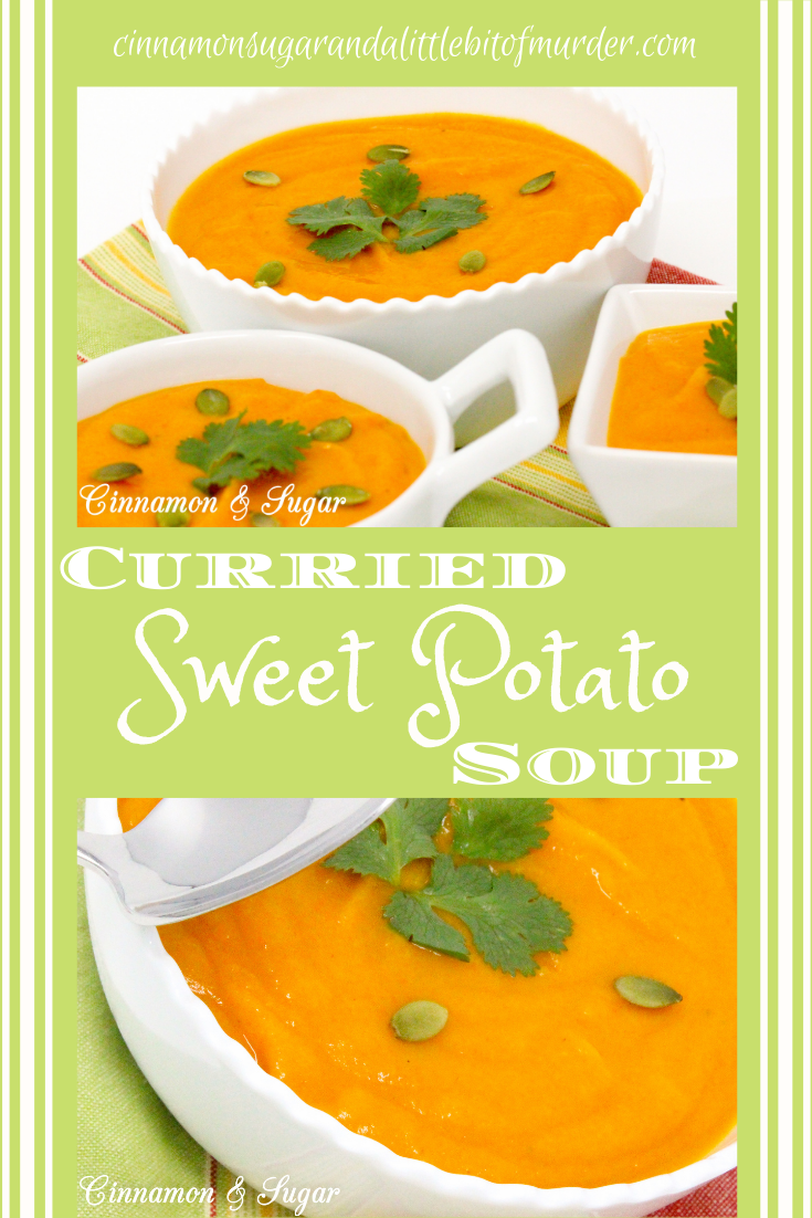 Combining warming spices and the rich-colored hue of sweet potatoes, Curried Sweet Potato Soup is a comforting and nourishing dish. Recipe shared with permission granted by Maureen Klovers, author of OF MASQUES AND MURDER.