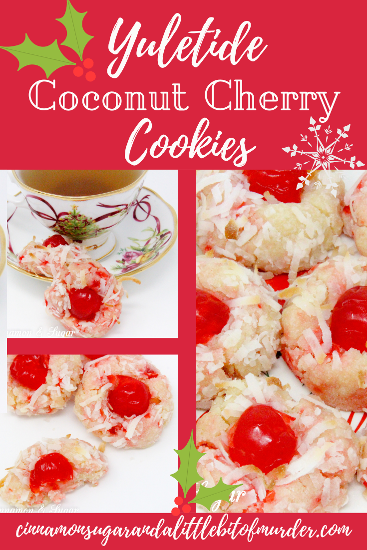 With snowy white coconut and glistening red cherries, shortbread-style Yuletide Coconut Cherry Cookies add holiday cheer to Christmas cookie platters. Recipe created by Cinnamon & Sugar for Deborah Garner, author of YULETIDE AT MOONGLOW. 