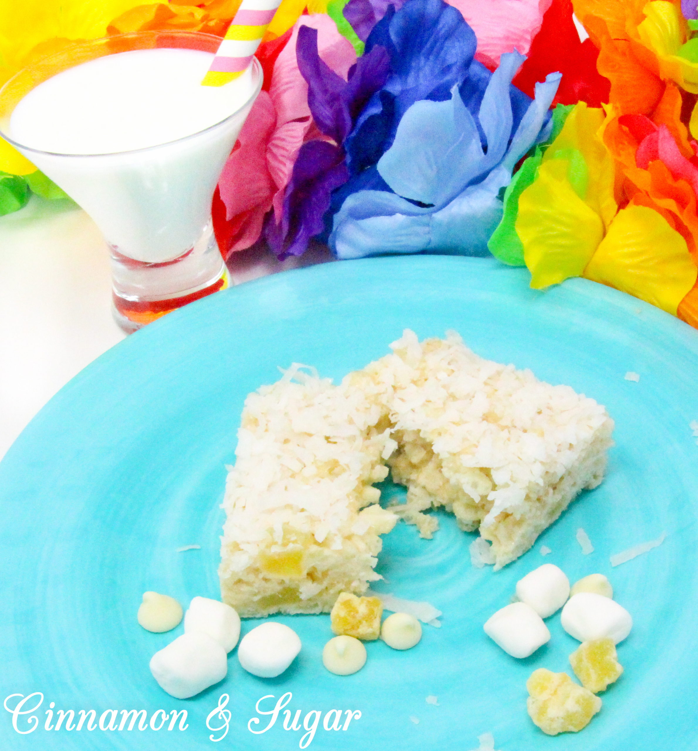 Tropical Krispie Treats are sweet and crunchy, with a hint of pineapple and rich coconut that will have you dreaming of a warm, beach-y getaway. Recipe shared with permission granted by Tara Lush, author of GROUNDS FOR MURDER.