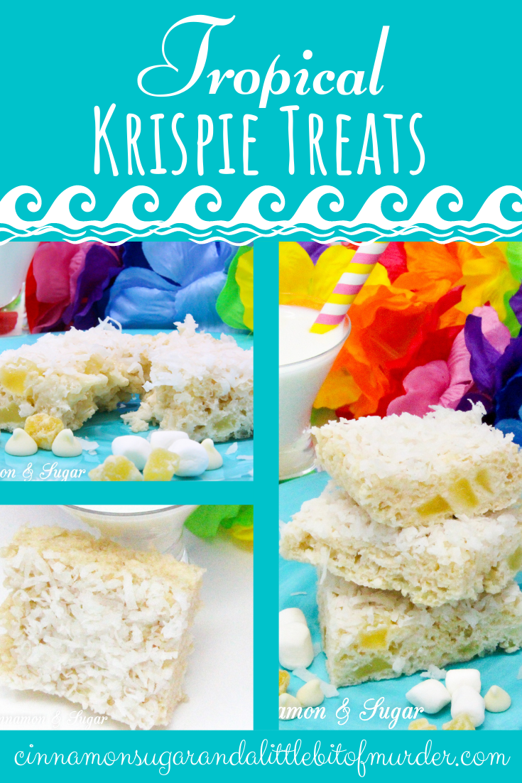 Tropical Krispie Treats are sweet and crunchy, with a hint of pineapple and rich coconut that will have you dreaming of a warm, beach-y getaway. Recipe shared with permission granted by Tara Lush, author of GROUNDS FOR MURDER.