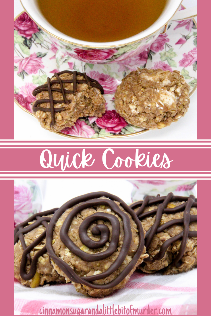 Quick Cookies combines the favorite flavors of chocolate and peanut butter in an easy-to-make, no-bake cookie. Sweet marshmallows and a drizzle of melted chocolate make these a great afternoon treat. This family recipe is shared with permission granted by Lynn Cahoon, author of KILLER COMFORT FOOD.