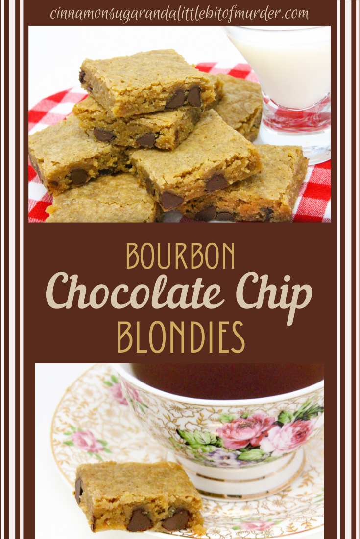 Bourbon Chocolate Chip Blondies mix together quickly using pantry and dairy staples. It didn’t take long for these to bake so we could enjoy the delectable combination of bourbon with the creamy sweetness of chocolate. Recipe shared with permission granted by Krista Davis, author of THE DIVA SERVES FORBIDDEN FRUIT.