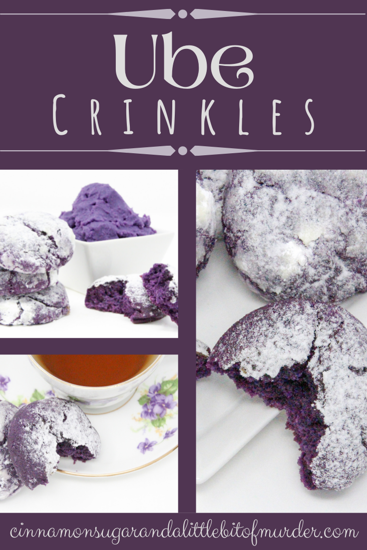 Traditional Filipino Ube Crinkles are delicious as they are unique and provide a welcome splash of color on any springtime cookie platter! Recipe shared with permission granted by Berkley Publishing, from cozy mystery ARSENIC AND ADOBO by Mia P. Manansala.