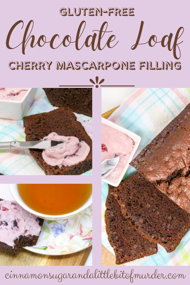 Super rich and super chocolaty, Gluten-Free Chocolate Loaf with Cherry Mascarpone Filling (or spread) ratcheted up the yum factor! A delectable treat for brunch, afternoon tea, or for anytime you feel like spoiling yourself! Recipe shared with permission granted by Libby Klein, author of BEAUTY EXPOS ARE MURDER.