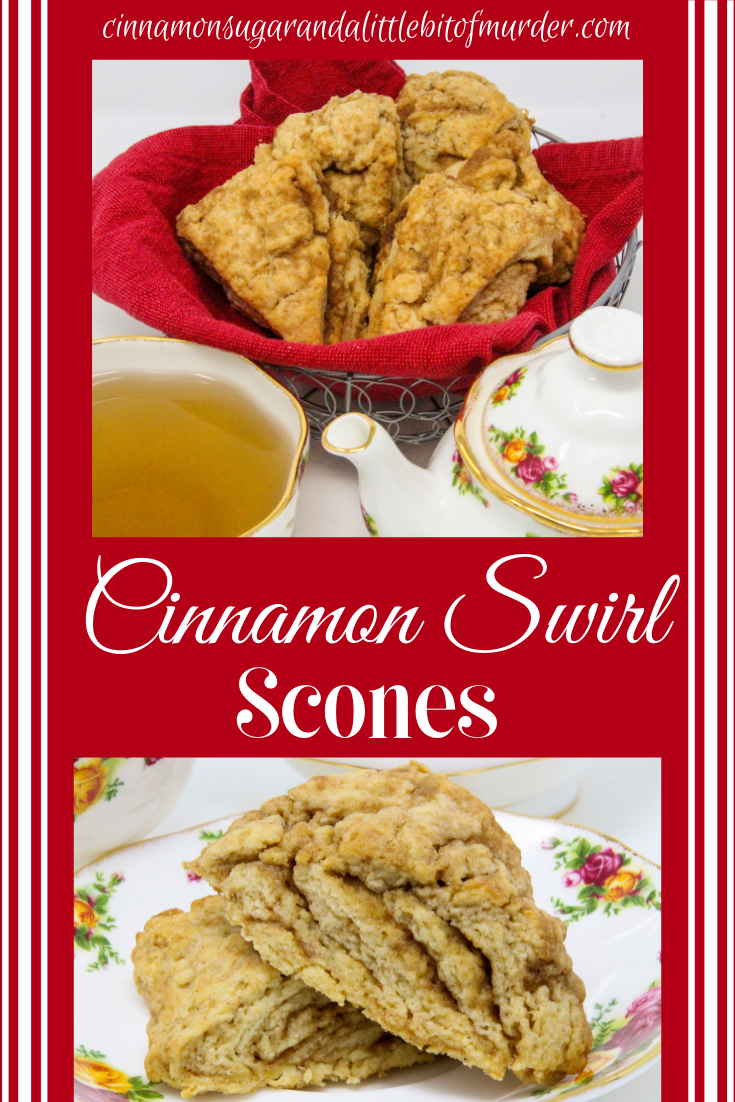 These melt-in-your-mouth flaky Cinnamon Swirl Scones are chock full of flavor thanks to a generous amount of cinnamon and brown sugar. Recipe shared with permission granted by Daryl Wood Gerber, author of A GLIMMER OF A CLUE.