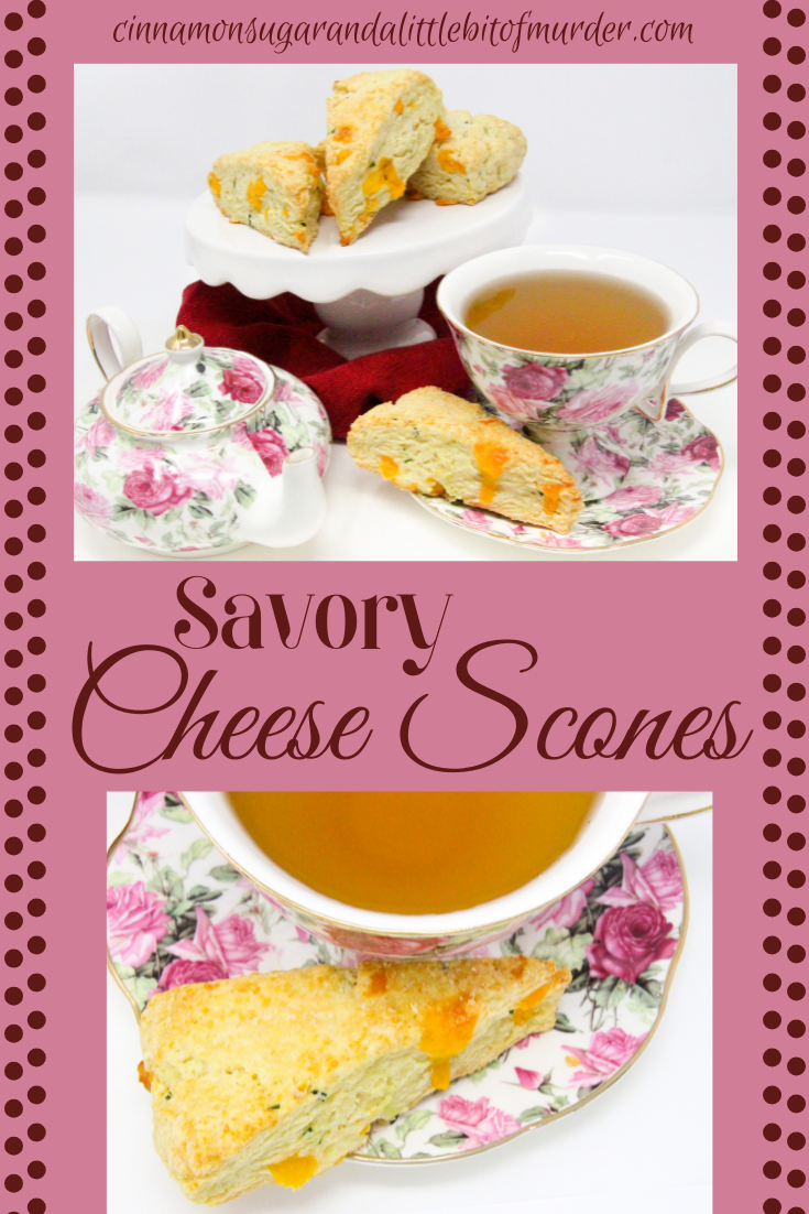 A delectable combination of flaky pastry, two kinds of cheese, and chives, Savory Cheese Scones are the perfect accompaniment to serve with a warming bowl of soup or even used as sandwich bread for lunch or a light supper. Recipe shared with permission granted by Kate Carlisle, author of LITTLE BLACK BOOK. 