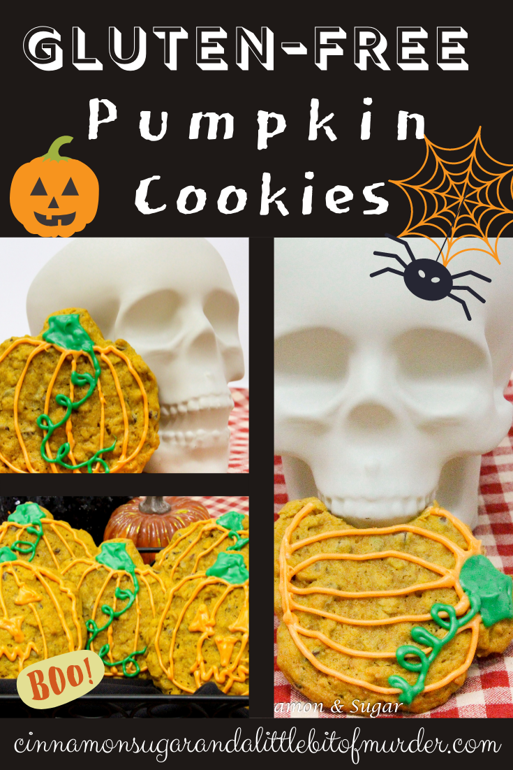 Full of flavor, these Gluten-Free Pumpkin cookies are pumpkiny and spicy, chocolately and cakey, yet moist with a crunch from the walnuts added. Recipe shared with permission granted by Barbara Ross, author of Halloween Party Murder.