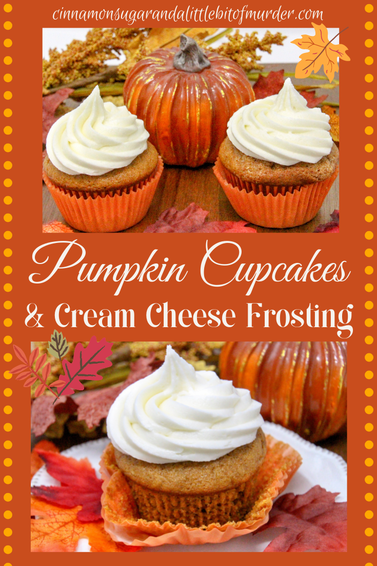 Rich and moist, the warm flavors of these Pumpkin Cupcakes with Cream Cheese Frosting hits the mark for bringing to mind chilly fall days and looking forward to jack-o-lanterns and trick-or-treaters. Recipe shared with permission granted by Krista Davis, author of MURDER OUTSIDE THE LINES.