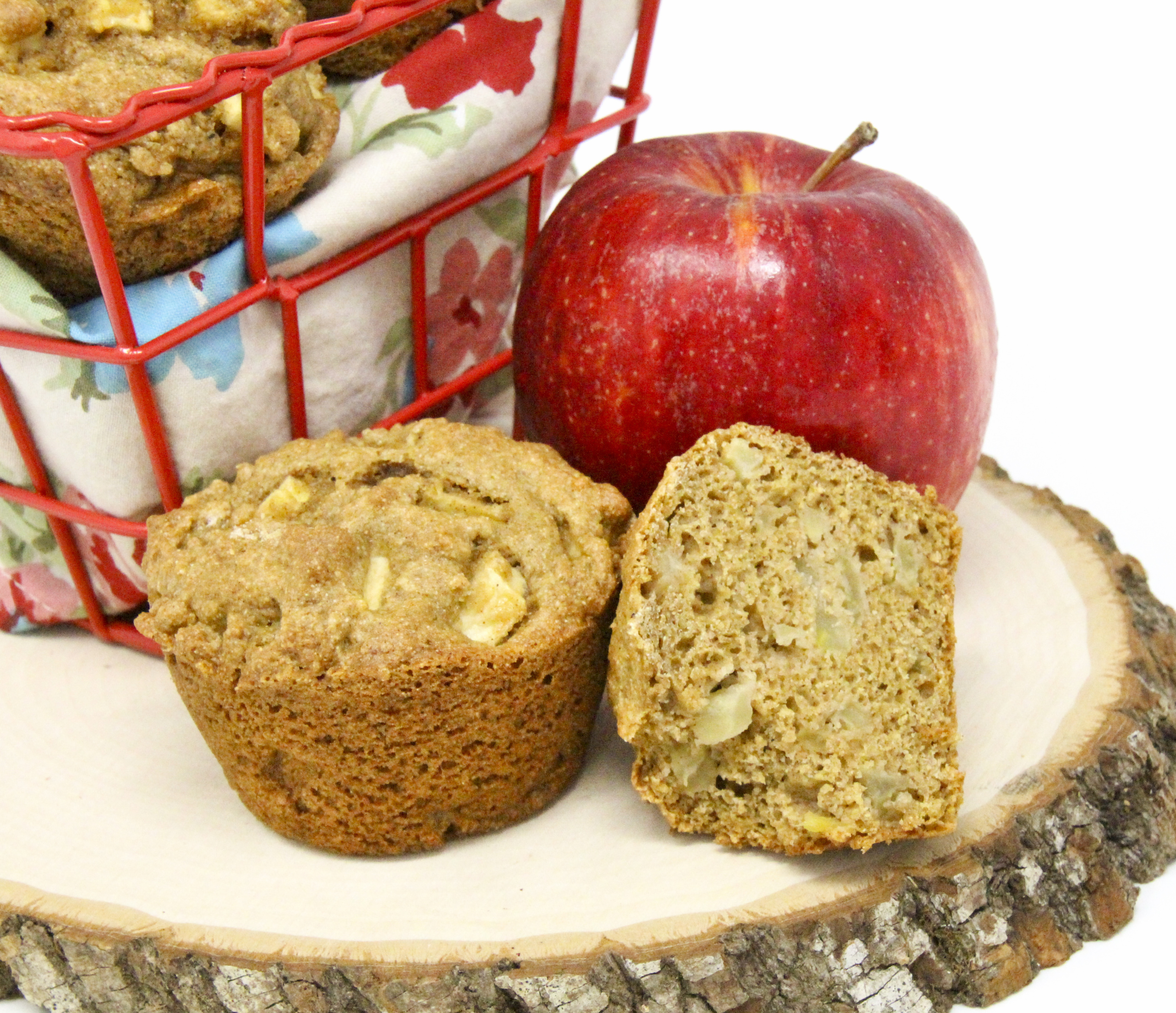 Cinnamon and nutmeg provides warming flavors while apples add a nice moistness to complement the 100% whole wheat flour Apple Spice Muffins. Recipe shared with permission granted by Maddie Day, author of MURDER AT THE LOBSTAH SHACK.