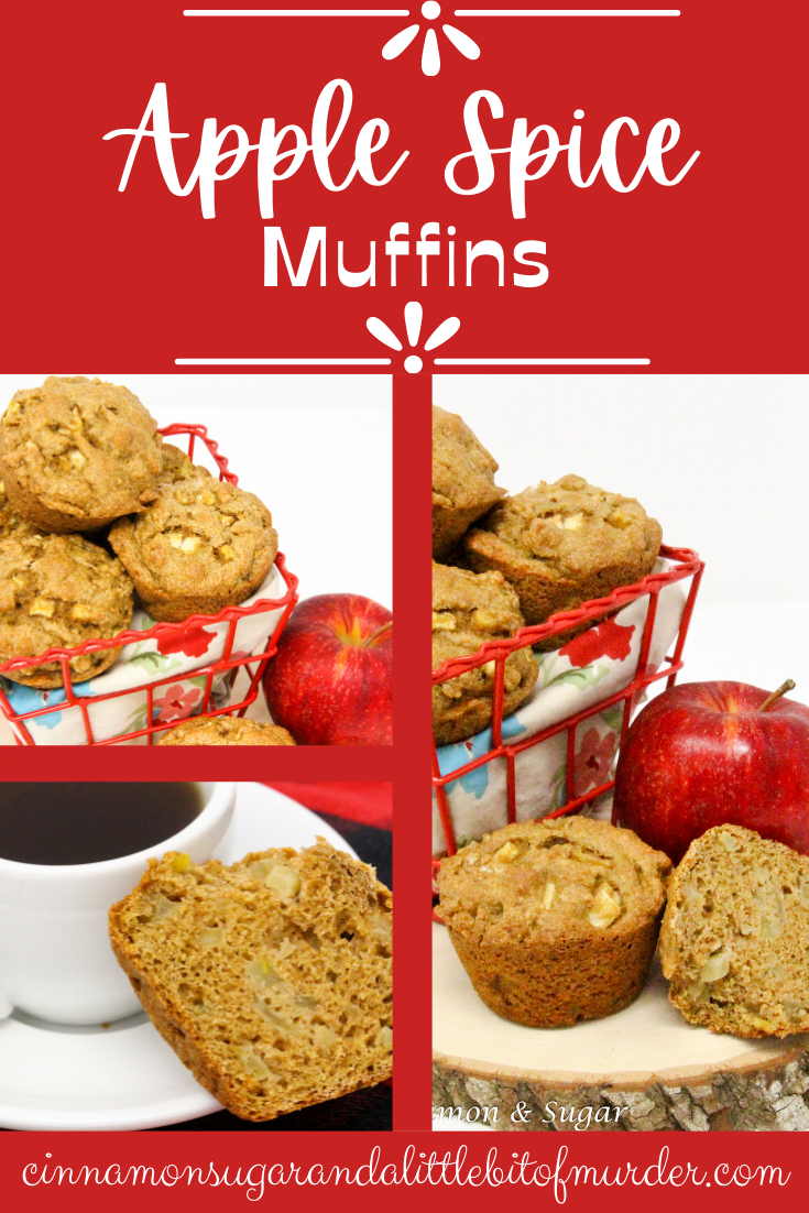 Cinnamon and nutmeg provides warming flavors while apples add a nice moistness to complement the 100% whole wheat flour Apple Spice Muffins. Recipe shared with permission granted by Maddie Day, author of MURDER AT THE LOBSTAH SHACK.