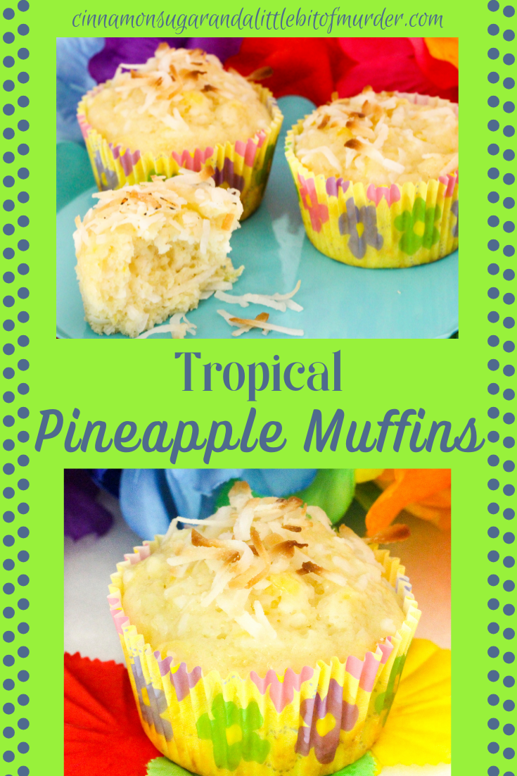 Tropical Pineapple Muffins are moist and flavorful thanks to the generous amount of pineapple. These muffins will have you dreaming of sunny days and tropical isles on chilly winter mornings! Recipe shared with permission granted by Kim Davis, contributing author for The Secret Ingredient: The Mystery Writers' Cookbook.