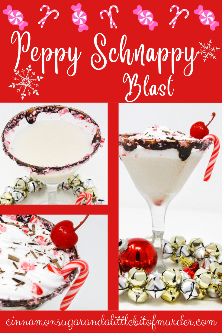 Peppy Schnappy Blast hits all the right marks for a Christmas cocktail: spirited candy cane flavors, creamy vanilla, chocolate, and whipped cream with a cherry on top! Recipe shared with permission granted by James J. Cudney, author of SLEIGH BELL TOWER.