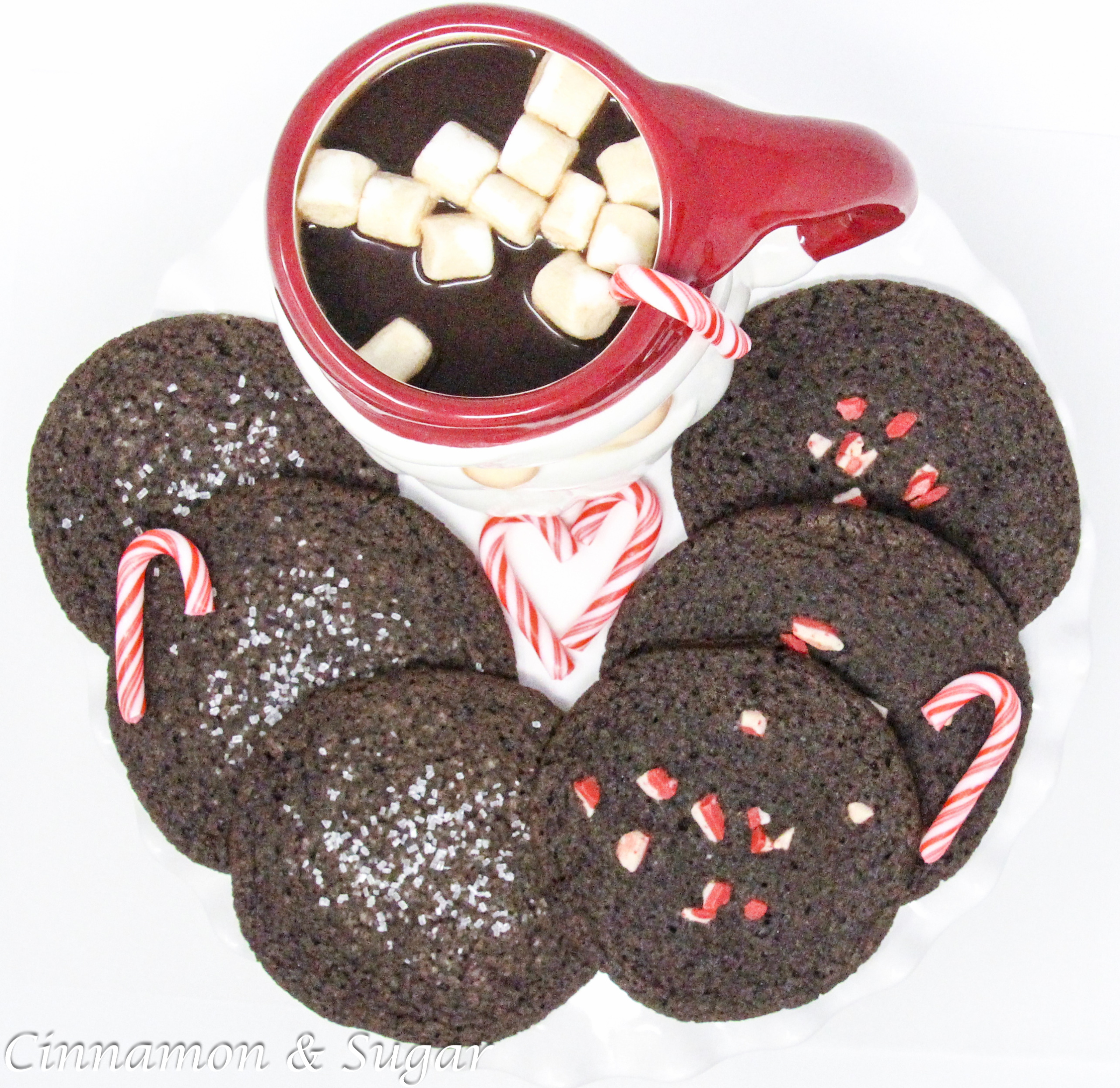 Santa's Favorite Chocolate Cookies are a bit soft and chewy on the inside and a little crisp around the edges. A sprinkle of coarse white sugar to mimic snow or a sprinkle of peppermint chips adds a festive flare. Recipe created by Cinnamon & Sugar for STARLIGHT AT MOONGLOW by Deborah Garner.