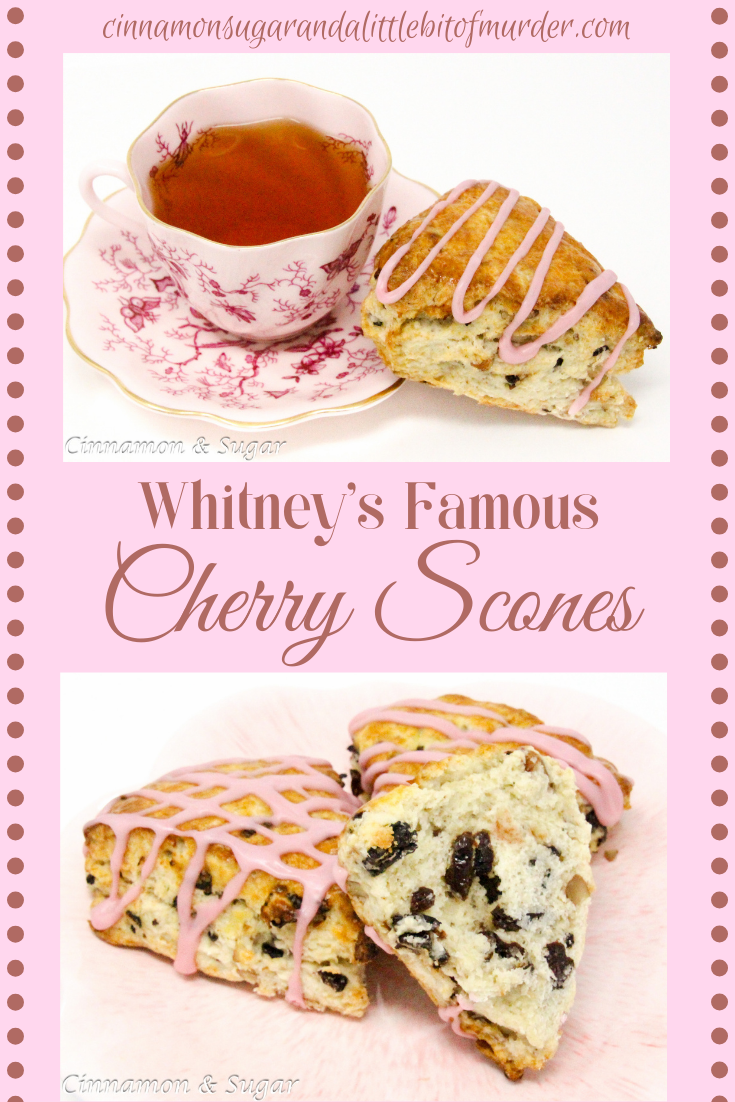 Whitney's Famous Cherry Scones are flaky pastry, studded with plump dried cherries and toasted pecans. A drizzle of cherry juice glaze makes these even more delicious. Recipe shared with permission granted by Darci Hannah, author of Cherry Scones & Broken Bones. 