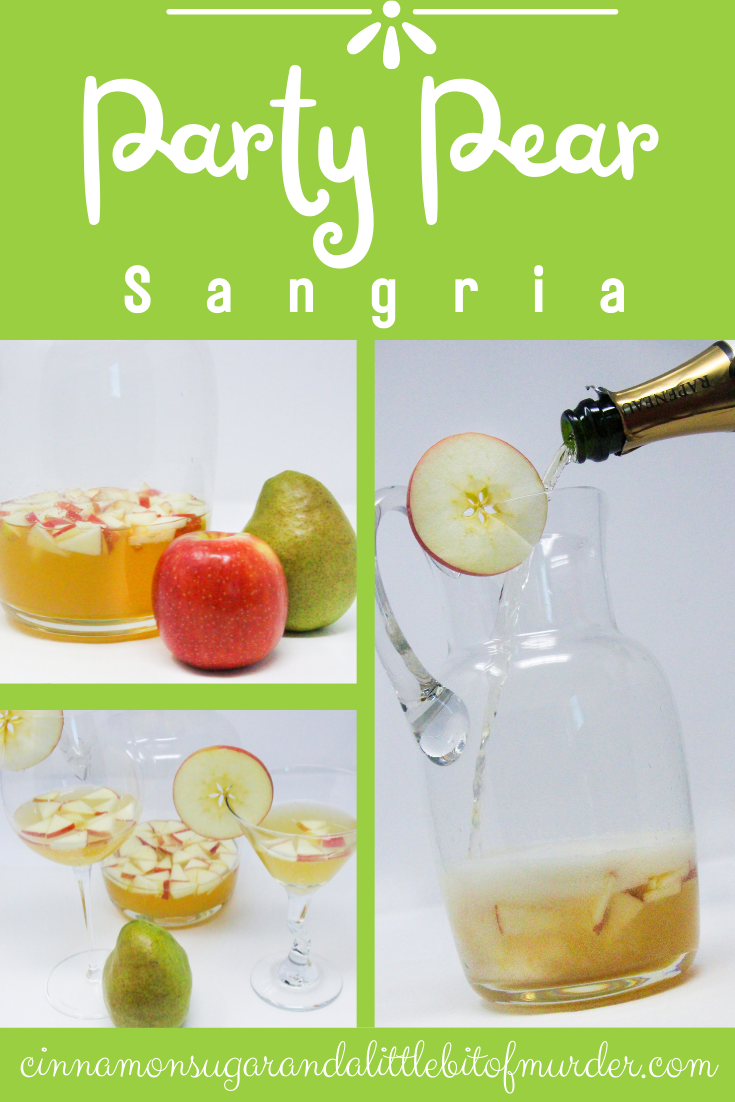 With sparkling white wine for bubbly fun, pear juice for sweetness, and honeyed whiskey along with pear liqueur for kick, this delicious libation brings to mind parties, summertime poolside relaxation, or a delightful drink to share with friends! Recipe shared with permission granted by Sarah E. Burr, author of #FollowMe for Murder