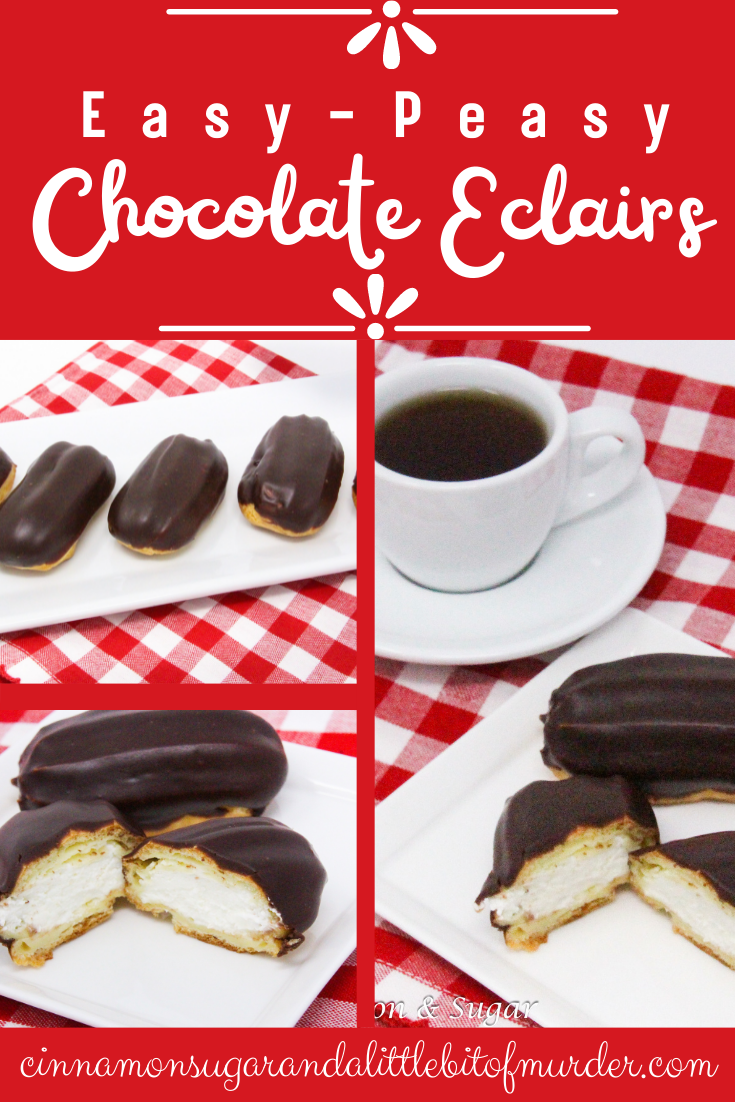 Easy-Peasy Chocolate Eclairs melt-in-your-mouth pastries are heavenly: soft and chocolaty, with sweet cream in the middle. You won’t be able to limit yourself to just one! Recipe shared with permission granted by Carlene O'Connor, author of MURDER ON AN IRISH FARM.