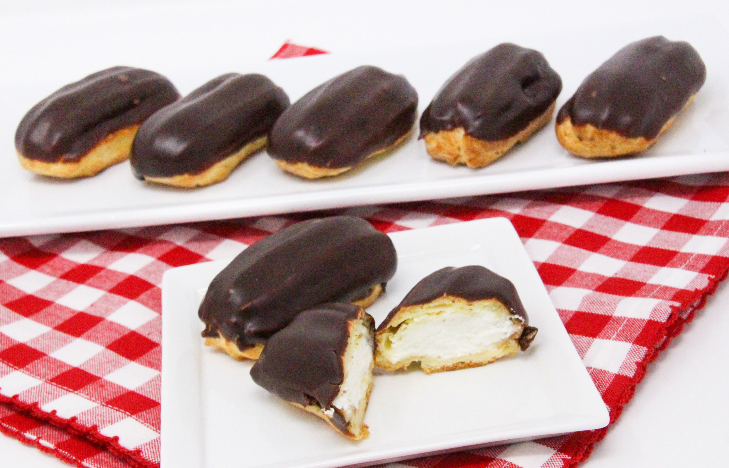 Easy-Peasy Chocolate Eclairs melt-in-your-mouth pastries are heavenly: soft and chocolaty, with sweet cream in the middle. You won’t be able to limit yourself to just one! Recipe shared with permission granted by Carlene O'Connor, author of MURDER ON AN IRISH FARM.