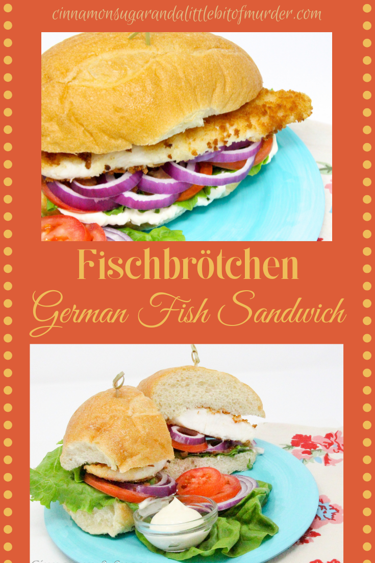 Fischbrötchen (German Fish Sandwich) uses a thin, pan-fried fillet, coated with breadcrumbs for a crispy exterior, and is layered with lettuce, red onions, peppers, and tomatoes for a delicious and hearty sandwich. Recipe shared with permission granted by T.C. LoTempio, author of MURDER FAUX PAWS.