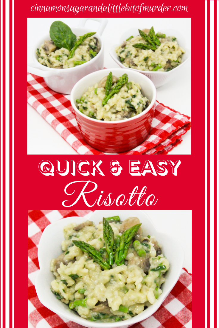Workday Quick and Easy Risotto has lots of vegetables to complement the creamy Arborio rice. Perfect as both a side dish or serve as a main course. Recipe shared with permission granted by Lynn Cahoon, author of A FATAL FAMILY FEAST. 