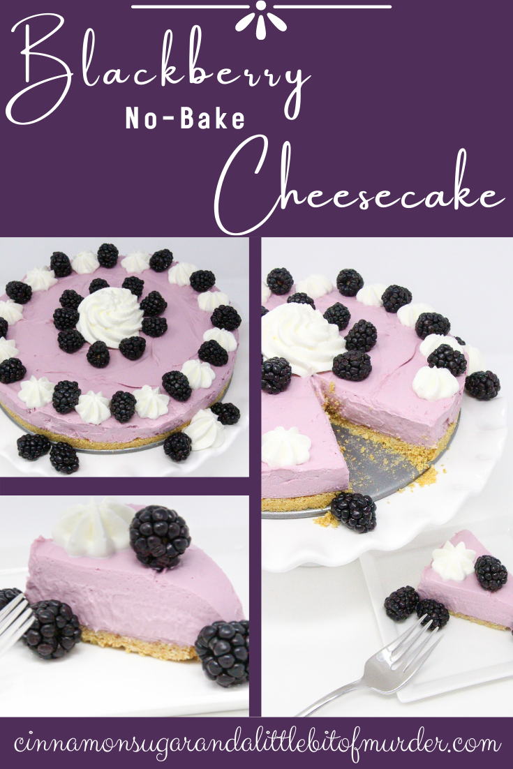 Perfect for hot summer weather, Blackberry No-Bake Cheesecake has a creamy, rich flavor without turning on the oven! Recipe shared with permission granted by Krista Davis, author of THE DIVA SAYS CHEESECAKE. 