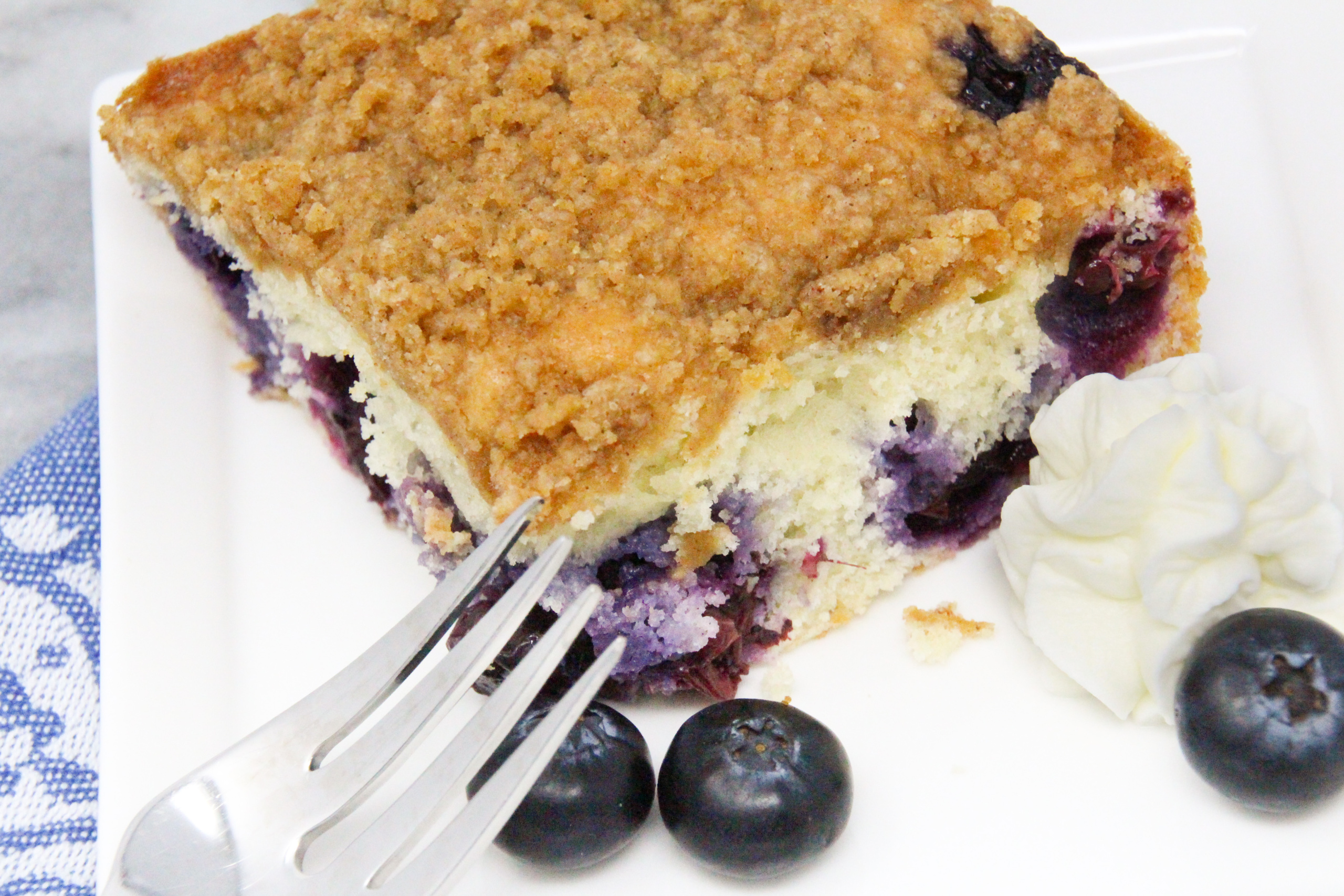 Blueberry Coffee Cake with Crumble is chock full of fresh blueberries in a tender vanilla cake. The cinnamon, brown sugar-based crumble adds both flavor and a pleasing crunchy texture. Recipe shared with permission granted by Krista Davis, author of A COLORFUL SCHEME. 