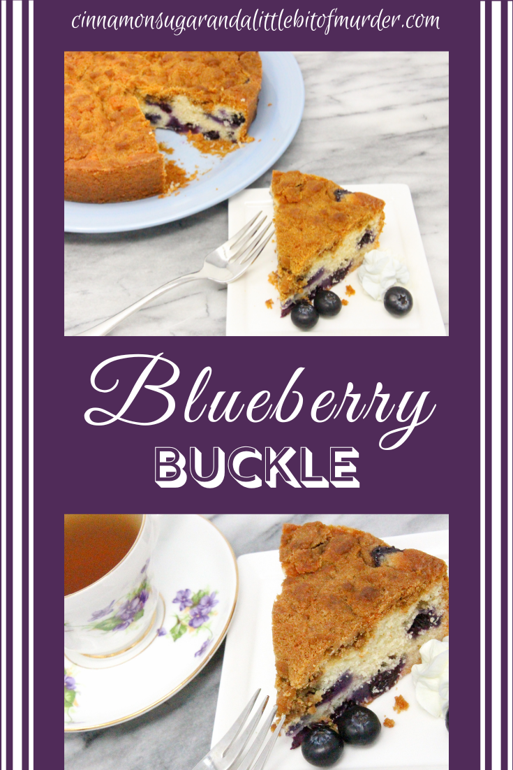 Blueberry Buckle has thick, crunchy streusel topping which enhances the sweet vanilla cake studded with fresh blueberries. With a dollop of freshly whipped cream, this really is darn fine! Recipe shared with permission granted by Amy Pershing, author of MURDER IS NO PICNIC.