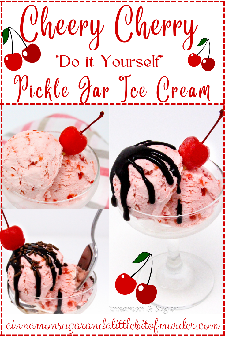 Cheery Cherry “Do-it-Yourself” Pickle Jar Ice Cream starts with 5 ingredients, a clean pickle jar, and lots of shaking. The resulting treat is a delicious frozen dessert sure to please kids and adults alike! Recipe shared with permission granted by Dana Mentink, author of A SPRINKLE IN TIME.