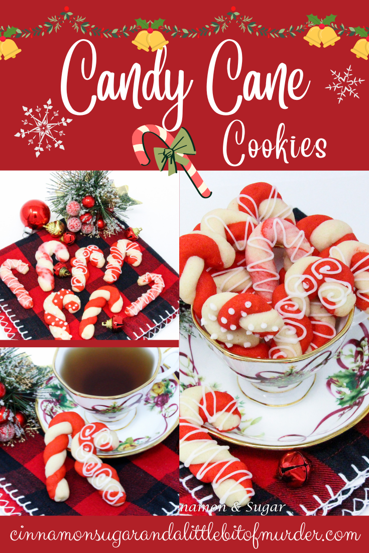 The colorful twists of the peppermint, and red Candy Cane cookies will add a delicious and jolly look to your holiday cookie platter! Recipe shared with permission granted by Leslie Budewitz, author of PEPPERMINT BARKED. 