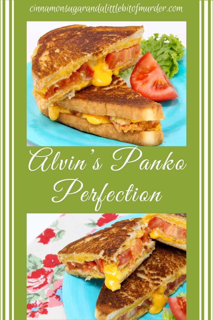 Alvin’s Panko Perfection grilled cheese sandwich features sun-ripened tomatoes coated with crunchy panko, tangy Parmesan, and oozing, melted sharp cheddar cheese. Recipe shared with permission granted by Linda Reilly, author of NO PARM NO FOUL.