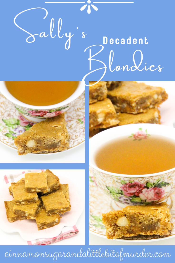 Sally’s Decadent Blondies are melt-in-your mouth deliciousness with a generous portion of macadamia nuts and white chocolate chips encased in a brown sugar-based cookie. Recipe shared with permission granted by Leslie Karst, author of THE FRAGRANCE OF DEATH.