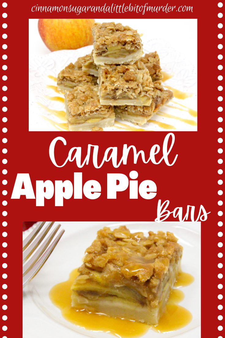 With a pastry base, a filling of spiced apples, and a crunchy oat topping, Caramel Apple Pie Bars are a delicious taste of autumn! Recipe from BUTTERCREAM BETRAYAL by Kim Davis. 