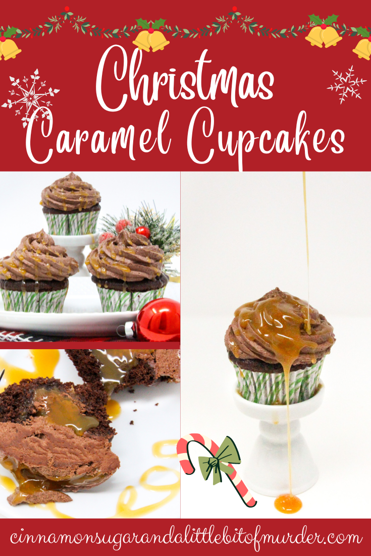Christmas Caramel Cupcakes are rich, dark chocolate cupcakes, stuffed with homemade caramel, then topped with fudgy buttercream frosting and more caramel! Recipe shared with permission granted by Christina Romeril, author of A CHRISTMAS CANDY KILLING.