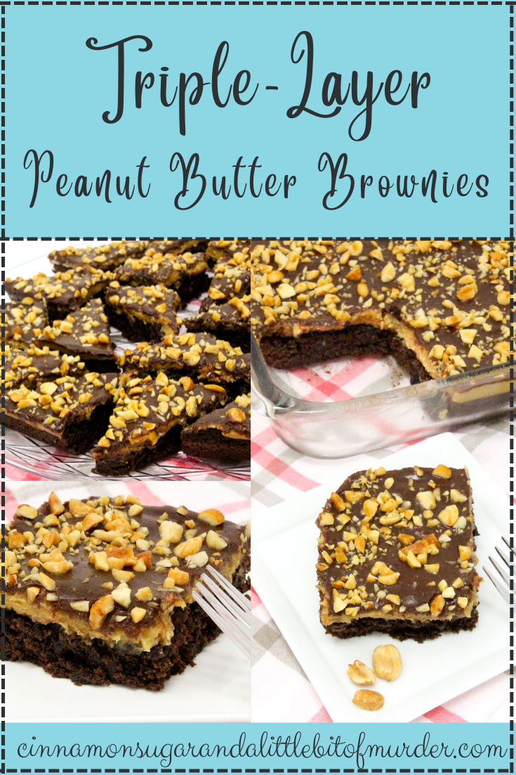 Triple-Layer Peanut Butter Brownies feature a creamy peanut butter filling spread over brownies and then topped with rich chocolate and sprinkled with peanuts. This swoon-worthy concoction makes a large amount to share, which is sure to earn you brownie points from your family and friends! Recipe shared with permission granted by Heather Weidner, author of FILM CREWS AND RENDEZVOUS. 