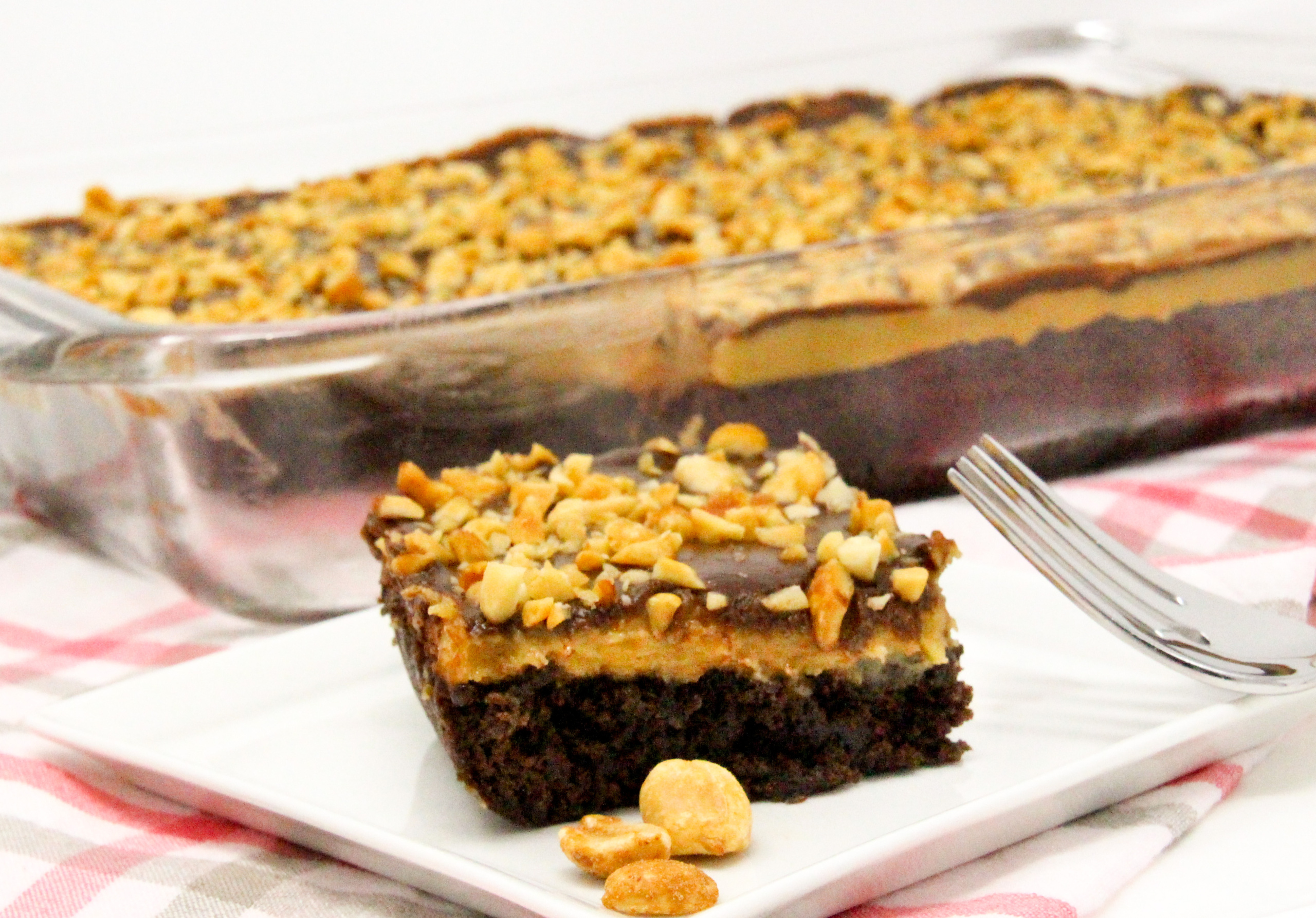 Triple-Layer Peanut Butter Brownies feature a creamy peanut butter filling spread over brownies and then topped with rich chocolate and sprinkled with peanuts. This swoon-worthy concoction makes a large amount to share, which is sure to earn you brownie points from your family and friends! Recipe shared with permission granted by Heather Weidner, author of FILM CREWS AND RENDEZVOUS. 