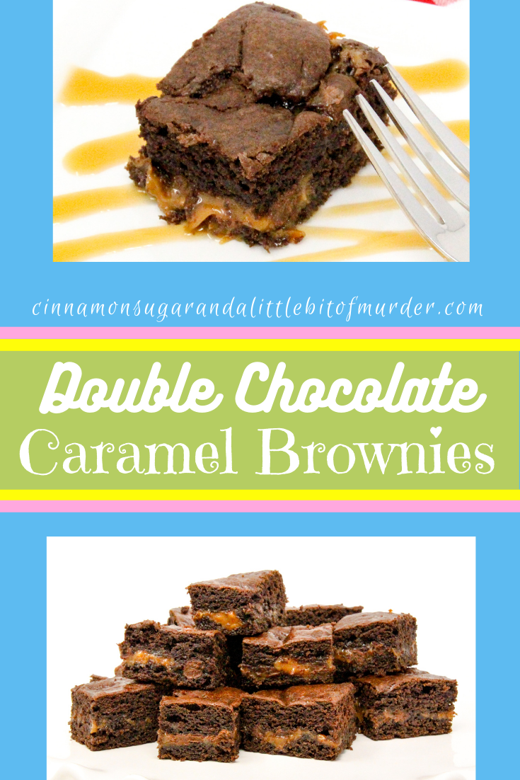 Double-Chocolate Caramel Brownies are the perfect combination of rich chocolaty goodness combined with creamy caramel that elevates these to pure deliciousness. And starting with a boxed cake mix, these are a cinch to make. Recipe shared with permission granted by Daryl Wood Gerber, author of A FLICKER OF A DOUBT. 