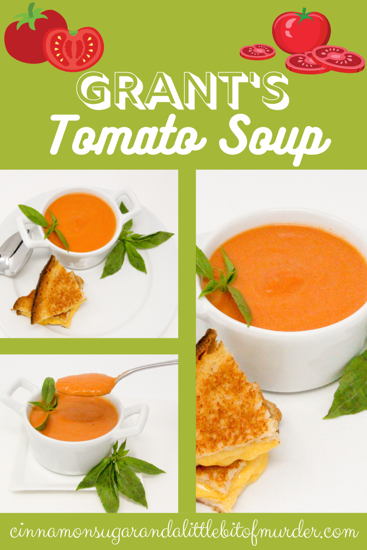 Grant's Tomato Soup uses canned San Marzano tomatoes, plus the addition of other fresh ingredients and sherry which elevates the flavor to yum. With a bit a cream, the added richness complements the tang of cheese in a grilled cheese sandwich. Recipe shared with permission granted by Linda Reilly, author of CHEDDER LATE THAN DEAD. 