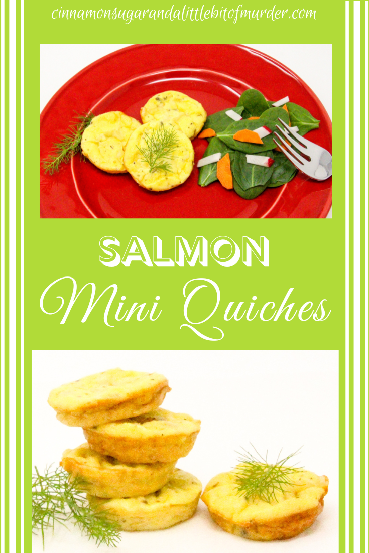 Seasoned with garlic, dill, and shallots, these tasty Salmon Mini Quiches work well for brunch or added to an appetizer tray any time of the year. Recipe shared with permission granted by Nancy J. Cohen, author of STAR TANGLED MURDER. 