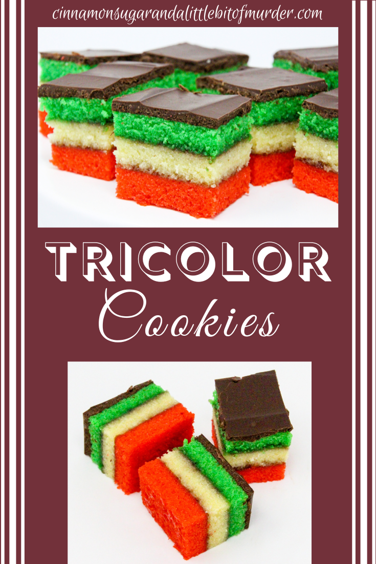 Tricolor (Tre Colore) Cookies aka Rainbow Cookies are almond-flavored cookies which hosts colorful layers with flavorful raspberry jam sandwiched between. A thin layer of chocolate provides the finishing touch, making these an elegant addition to any cookie platter or dessert tray. Recipe shared with permission granted by Maria DiRico, author of FOUR PARTIES AND A FUNERAL. 