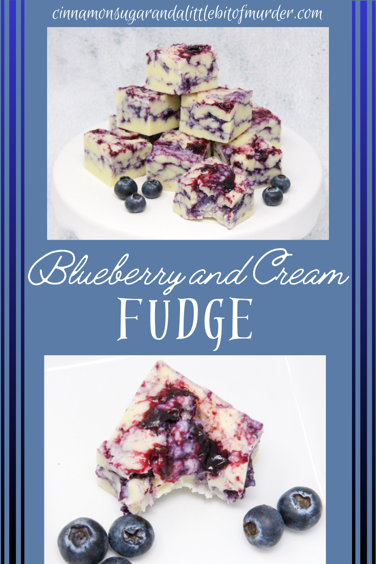 White chocolate layered with a fresh blueberry coulis combines two delectable tastes into one delicious Blueberry-and-Cream Fudge candy. Recipe shared with permission granted by Amanda Flowers, author of BLUEBERRY BLUNDER.