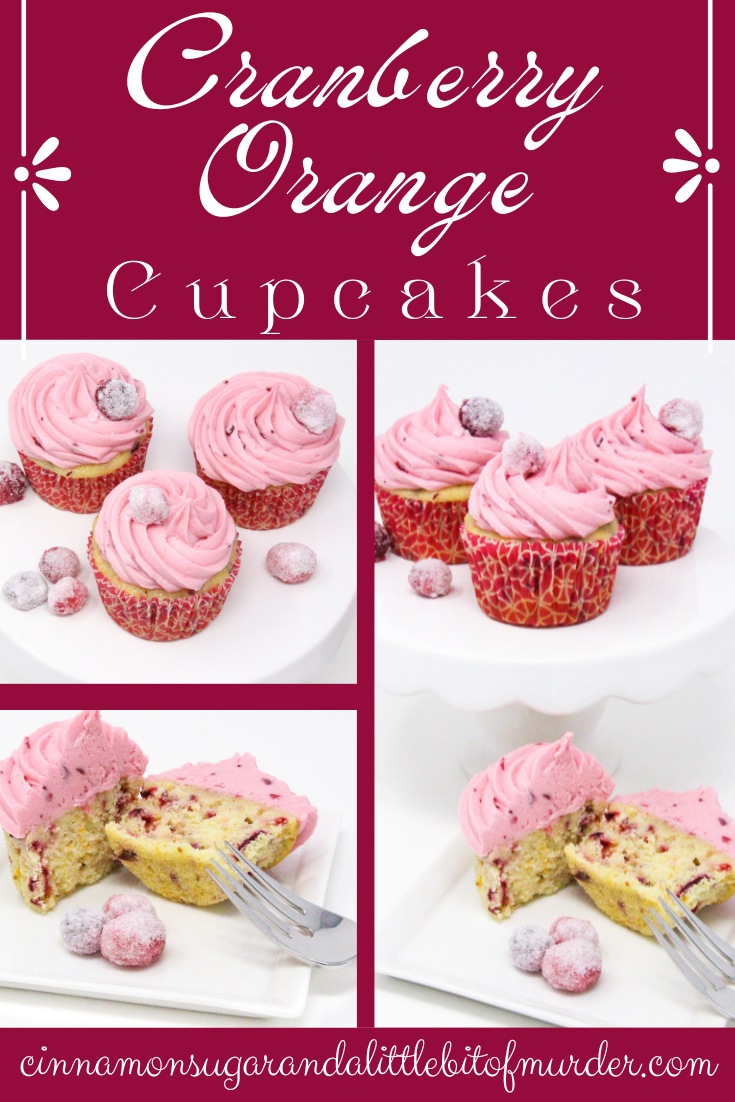 Cranberry Orange Cupcakes with Cranberry Cream Cheese Buttercream is a flavor explosion in your mouth! Tender cake studded with cranberries and a tangy, creamy frosting to top it off. Recipe from MUDDLED MATRIMONIAL MURDER by Kim Davis. 