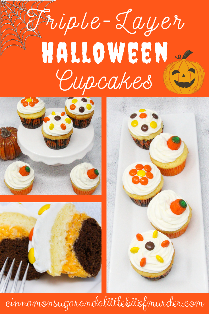 Triple-Layer Halloween Cupcakes is quick and easy, with a delicious combination of chocolate and orange flavors. With simple Reese’s Pieces used to decorate in orange and brown Halloween colors, these cupcakes will be sure to please your ghosts and ghouls! Recipe shared with permission granted by Carol J. Perry, author of A TRIPLE-LAYER HALLOWEEN MURDER.