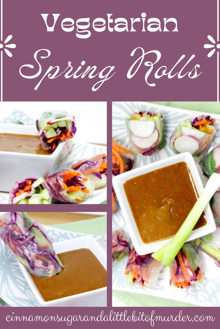 Vegetarian Spring Rolls with a Thai-inspired peanut butter dipping sauce is a delicious no-cook appetizer or side dish! Recipe shared with permission granted by Maddie Day, author of MURDER AT A CAPE BOOK STORE. 